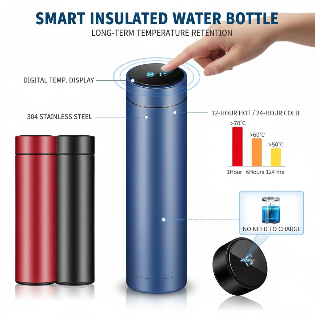 Insulated Black Temperature Water Bottle - 1 Pc Perfect For Gym Enthusiasts